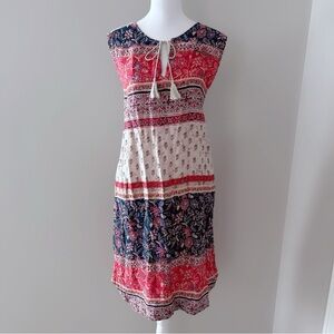 BLL Boho  Midi Dress – Tassel Tie Sleeveless Patchwork Floral Print, Size L